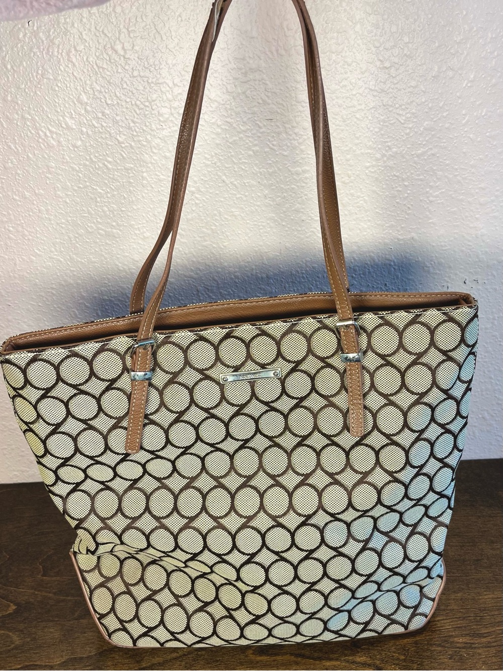 Nine West Cream and Brown Logo Circle Tote